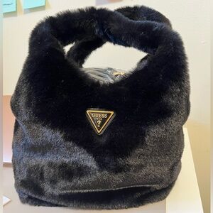 Guess Black fur bucket bag with belt strap